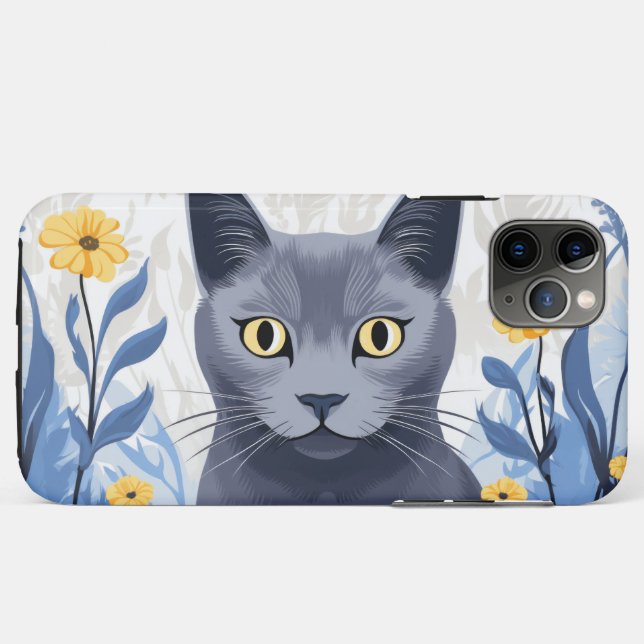 Capa Para iPhone 11 Pro Max Gato Azul Russo Flores Amarelas (Verso (horizontal))