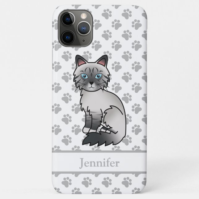 Capa Para iPhone 11 Pro Max Gato Birman / Ragdoll Tabby de Pontos Azuis & Nome (Verso)