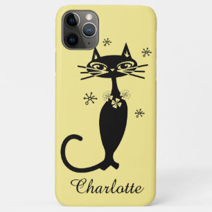 Capa Para iPhone 11 Pro Max Gato Preto de Meados do Século e Fundo Dourado
