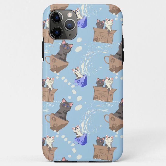 Capa Para iPhone 11 Pro Max Gatos na caixa e leite cai em azul (Verso)