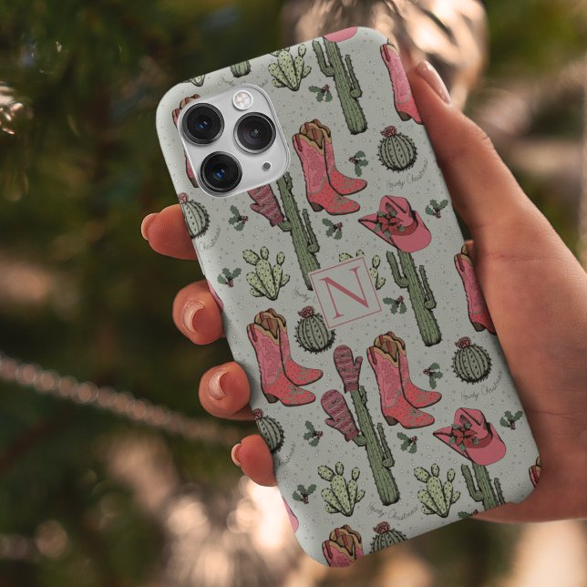 Capa Para iPhone 11 Pro Max Girly Country Cowgirl Monograma de Natal (Custom Green Country Christmas Cowgirl Boots, Hats, Mittens & Cactus. Hand-Drawn in Black Ink.)