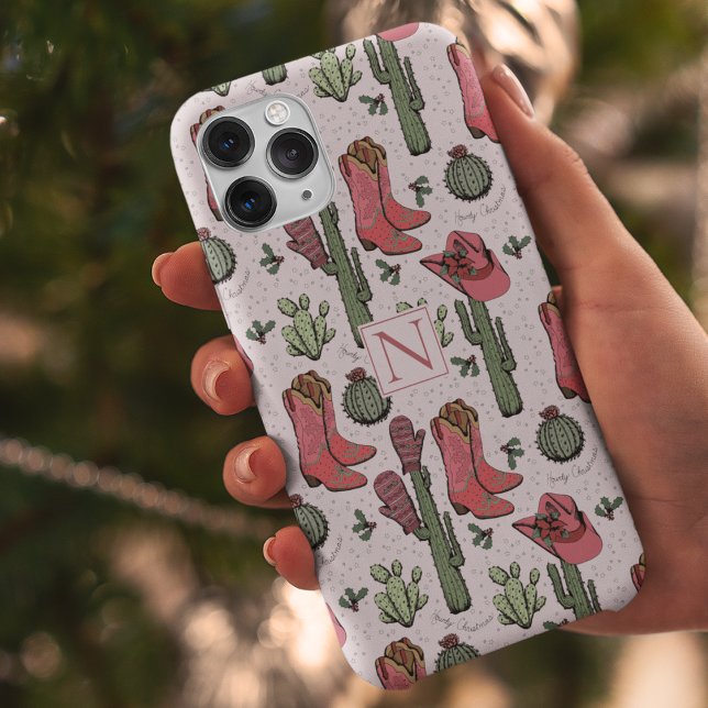 Capa Para iPhone 11 Pro Max Girly Country Cowgirl Monograma de Natal (Custom Pink Country Christmas Cowgirl Boots, Hats, Mittens & Cactus. Hand-Drawn in Black Ink.)