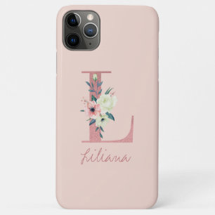 Capa Para iPhone 11 Pro Max Glitter Rosa Flor Monograma Letra L Rosa Claro