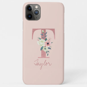Capa Para iPhone 11 Pro Max Glitter Rosa Flor Monograma Letra T Rosa Claro
