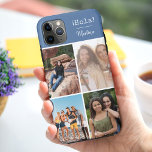 Capa Para iPhone 11 Pro Max Hola! 4 Colagem de Fotos Azul Personalizada<br><div class="desc">Crie sua própria Capa de telefone personalizada de fotos para iphone 11 pro max e muitos outros modelos. O design apresenta uma colagem de fotos em estilo grelha com 4 das suas fotos favoritas, o seu nome e a palavra!! em texto de máquina de escrever. O modelo de foto está...</div>