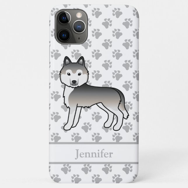 Capa Para iPhone 11 Pro Max Husky Siberiano Cinza Desenho Animado Cachorro & N (Verso)