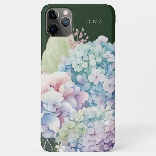 Capa Para iPhone 11 Pro Max Hydrangea Aquarela Verde Personalizado (Verso)