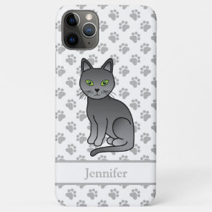 Capa Para iPhone 11 Pro Max Ilustração e nome do Gato de Cartoon Azul Russo