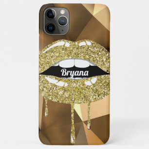 Capa Para iPhone 11 Pro Max Lábios Gotejantes Brilho Luxo Dourado Beleza