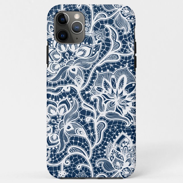 Capa Para iPhone 11 Pro Max Lace floral branco e azul-marinho (Verso)