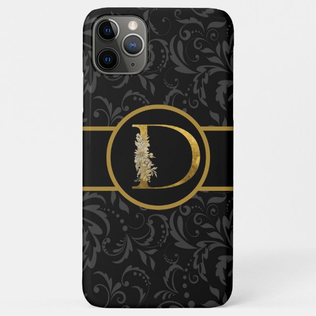 Capa Para iPhone 11 Pro Max Letra Elegante Preta e Monograma Dourada "D" (Verso)