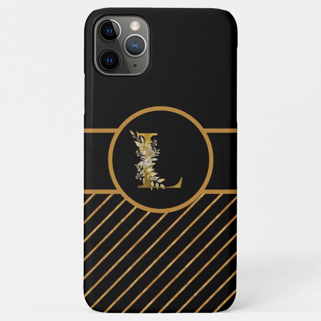 Capa Para iPhone 11 Pro Max Letra Elegante Preta e Monograma Dourada "L" (Verso)