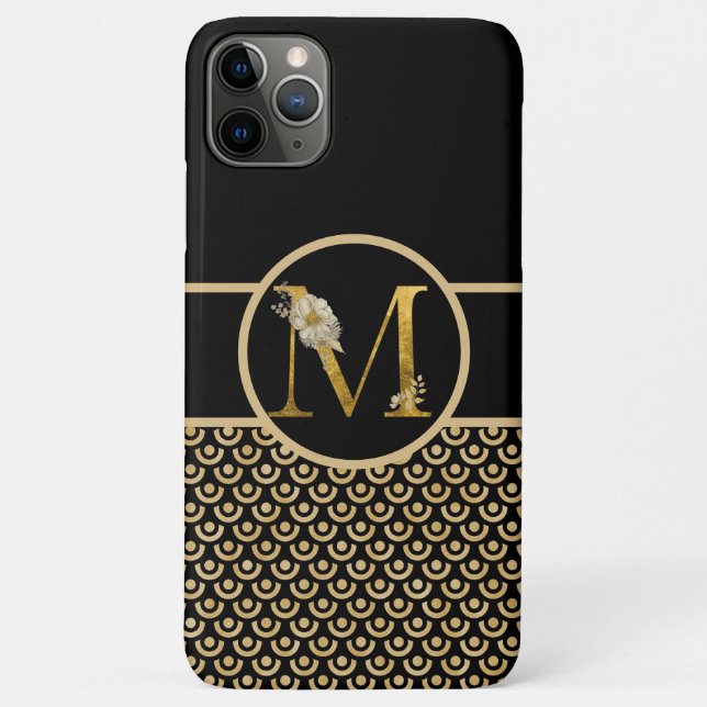 Capa Para iPhone 11 Pro Max Letra Elegante Preta e Monograma Dourada "M" (Verso)
