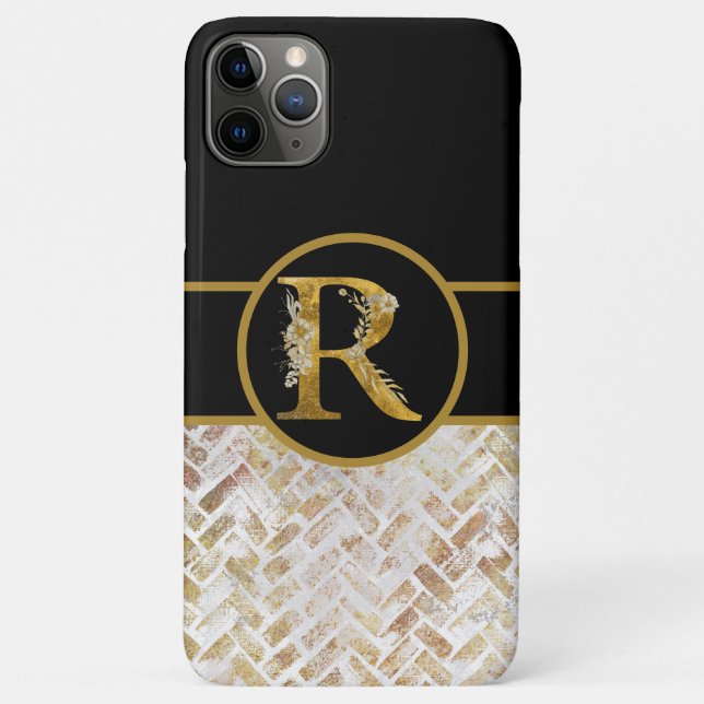 Capa Para iPhone 11 Pro Max Letra Elegante Preta e Monograma Dourada "R" (Verso)