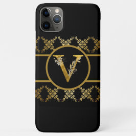 Capa Para iPhone 11 Pro Max Letra Elegante Preta e Monograma Dourada "V"