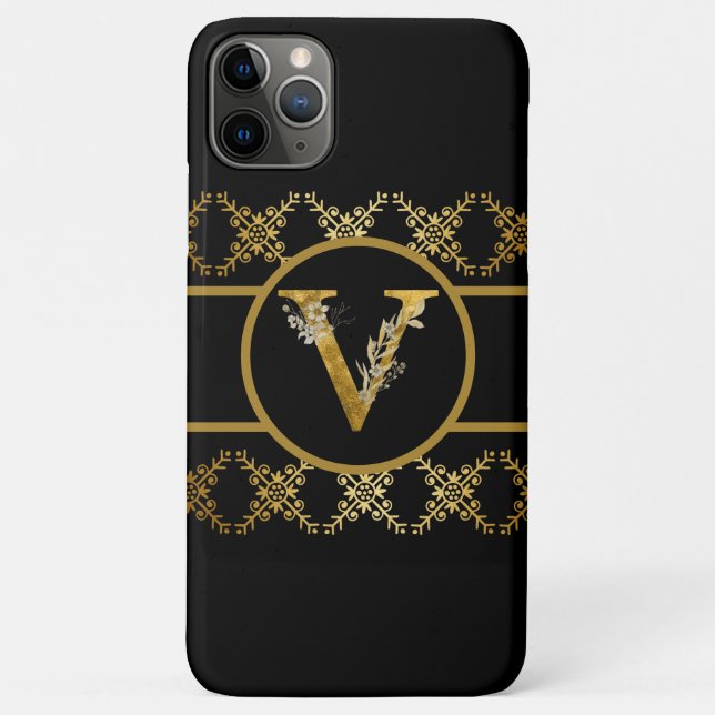 Capa Para iPhone 11 Pro Max Letra Elegante Preta e Monograma Dourada "V" (Verso)