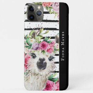 Capa Para iPhone 11 Pro Max Lindo Llama em Aquarela Monograma Floral e Listr
