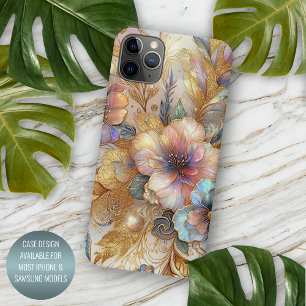 Capa Para iPhone 11 Pro Max Lindo Padrão de Arte Floral em Vidro Iridescente F