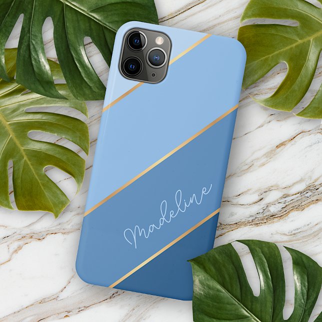 Capa Para iPhone 11 Pro Max Listras Douradas Azul Escuro Personalizadas Custom (Criador carregado)