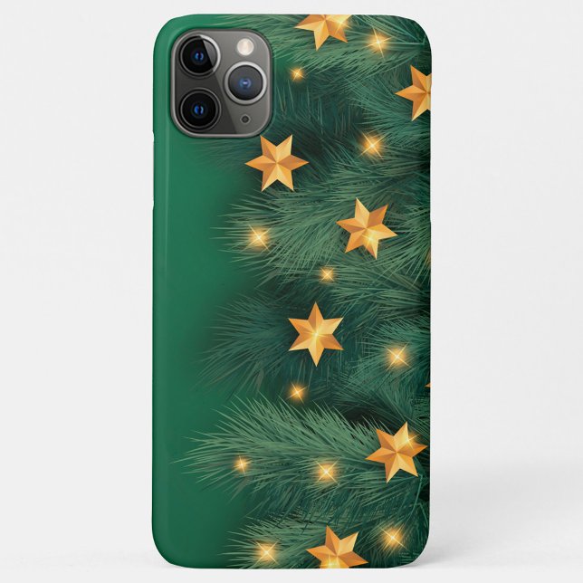 Capa Para iPhone 11 Pro Max Luzes e estrelas Douradas (A green phone case with a Christmas theme.)