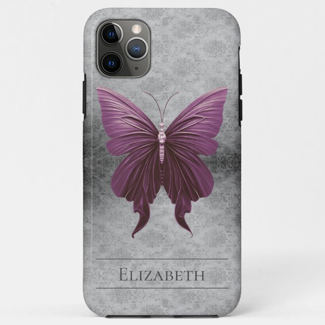 Capa Para iPhone 11 Pro Max Magenta Jeweled Butterfly Damask (Verso)