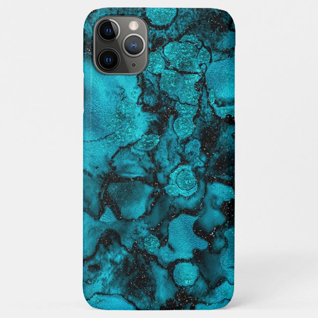Capa Para iPhone 11 Pro Max Marble Verde Azul Esmeralda com Glitter (Verso)