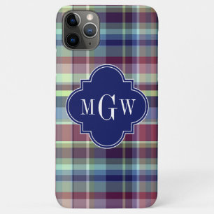 Capa Para iPhone 11 Pro Max Marinho Azul Céu Borgonha Whpreppy Madras Monogra