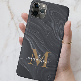 Capa Para iPhone 11 Pro Max Mármaco preto moderno, branco e monograma Dourado