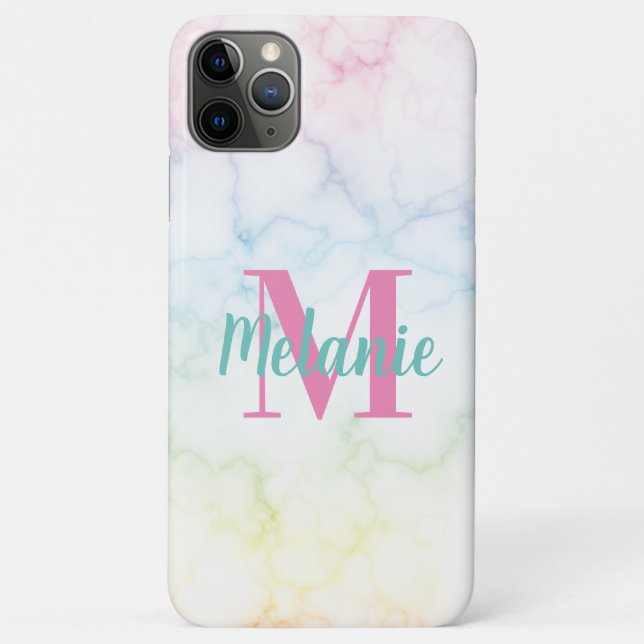 Capa Para iPhone 11 Pro Max Mármore Arco-Íris Abstrato Rosa Azul Amarelo (Verso)