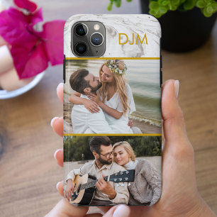 Capa Para iPhone 11 Pro Max Mármore Cinza Chic e Inicial em Dourado com 2 Foto