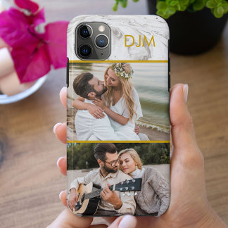 Capa Para iPhone 11 Pro Max Mármore Cinza Chic e Inicial em Dourado com 2 Foto