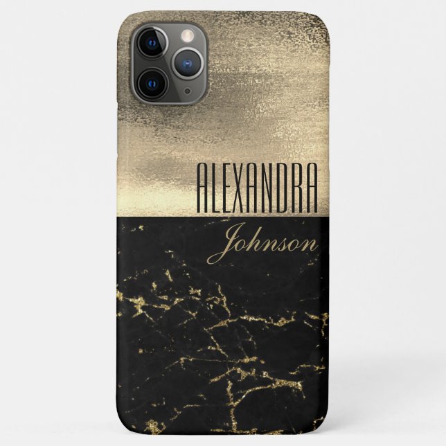 Capa Para iPhone 11 Pro Max Mármore Dourado Preto Nome Luxuoso (Verso)
