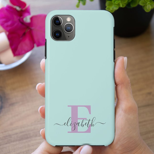 Capa Para iPhone 11 Pro Max Mint e Lilac do Monograma de Script Elegante (Criador carregado)