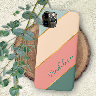 Capa Para iPhone 11 Pro Max Mint Personalizado Rosa Bege Verde Listras Rosa