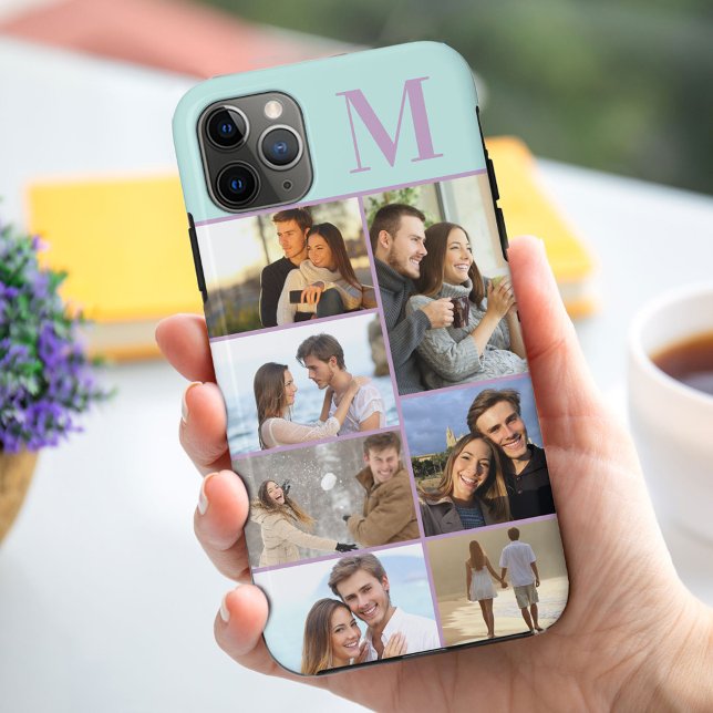 Capa Para iPhone 11 Pro Max Monograma 7 Colagem Fotográfica Mint Lilac (Criador carregado)