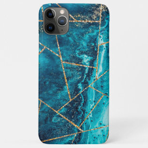 Capa Para iPhone 11 Pro Max Monograma Chic do Geode do Agate Dourado Azul do M