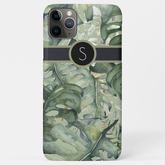 Capa Para iPhone 11 Pro Max Monograma com lindas folhas tropicais (Verso)