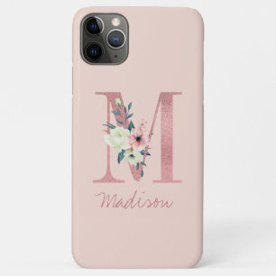 Capa Para iPhone 11 Pro Max Monograma Cor de Leitura Rosa com Flor - Letra M R
