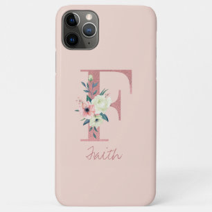 Capa Para iPhone 11 Pro Max Monograma cor-de-rosa Flor Letra F Rosa claro