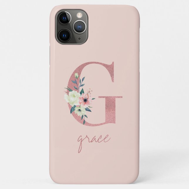 Capa Para iPhone 11 Pro Max Monograma cor-de-rosa Flor Letra G Rosa claro (Verso)