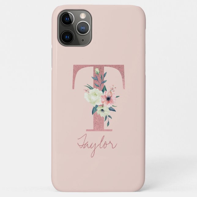 Capa Para iPhone 11 Pro Max Monograma cor-de-rosa - Flor - Letra T Rosa claro (Verso)