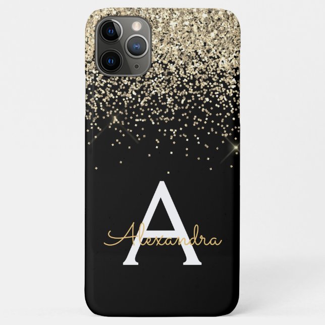 Capa Para iPhone 11 Pro Max Monograma de brilho brilhante Dourado de luxo pret (Verso)