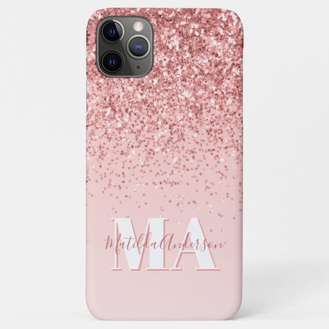 Capa Para iPhone 11 Pro Max Monograma de brilho rosa moderno personalizado (Verso)