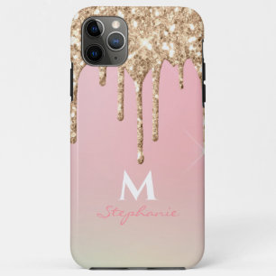 Capa Para iPhone 11 Pro Max Monograma de Mão Rosa com Brilho Dourado Rosa