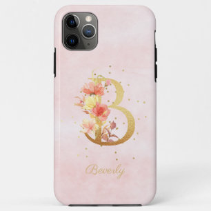 Capa Para iPhone 11 Pro Max Monograma de Nome Floral em Aquarela Letra Inicial