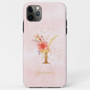 Capa Para iPhone 11 Pro Max Monograma de Nome Floral em Aquarela Letra Inicial