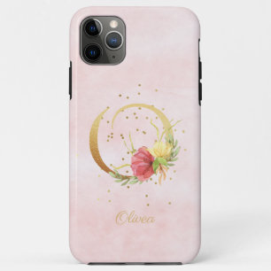 Capa Para iPhone 11 Pro Max Monograma de Nome Floral em Aquarela Letra Inicial