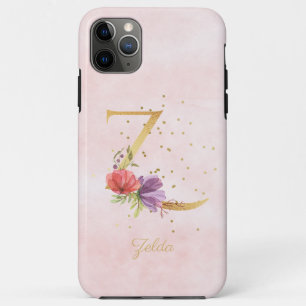 Capa Para iPhone 11 Pro Max Monograma de Nome Floral em Aquarela Letra Inicial