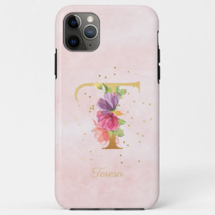 Capa Para iPhone 11 Pro Max Monograma de Nome Inicial Floral em Aquarela Letra