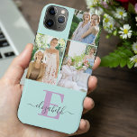 Capa Para iPhone 11 Pro Max Monograma de Script Elegante 3 Foto Mint e Lilac<br><div class="desc">Elegante e feminina, capas de iphone personalizada em verde-menta, lilás e cinzas, com 3 de suas fotos favoritas, assim como seu monograma. Este bonito design tem uma inicial ousada com tipografia de script manuscrito para o seu nome. O modelo de foto é configurado para que você adicione 3 fotos que...</div>